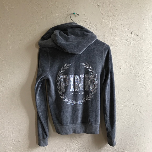 VS PINK | Gray Crushed Velvet Sequined Hoodie - Picture 8 of 8